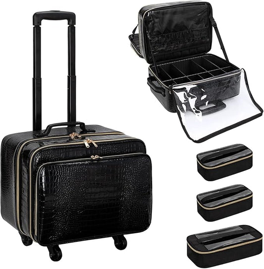 OCHEAL Rolling Makeup Train Case, 18" Carry On Travel Cosmetic Organizer Suitcase,Extra Large Trolley Makeup Storage Case On Wheels,3 Layers with 3pcs Traveling Bags for Hairstylist Cosmetology Artist