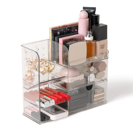 Cabbrix 3 Tier Clear Makeup Organizer with Drawer, 10''W Cosmetic Storage for Dresser Countertop and Bathroom Vanity, Beauty Holder for Lipstick Brush Skincare