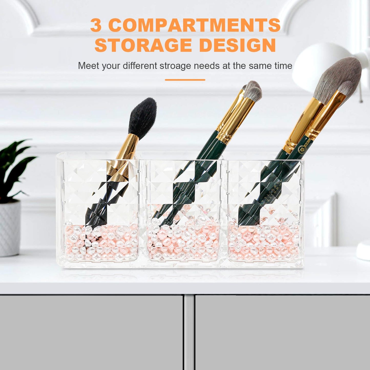 Obsoorth Makeup Brush Holder 3 Slots Acrylic Clear Hair Brush Holder with Pink and White Pearls, Makeup Organizer Brushes for Vanity Office and Bathroom