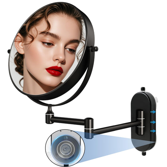 8“ Suction Cup Makeup Mirror Wall Mounted No Drilling, 1X/10X Magnifying Mirror Wall Mounted Makeup Mirror Swing Arm 360° Rotation, Wall Mount Powerful Suction Cup for Bathroom & Shaving Black