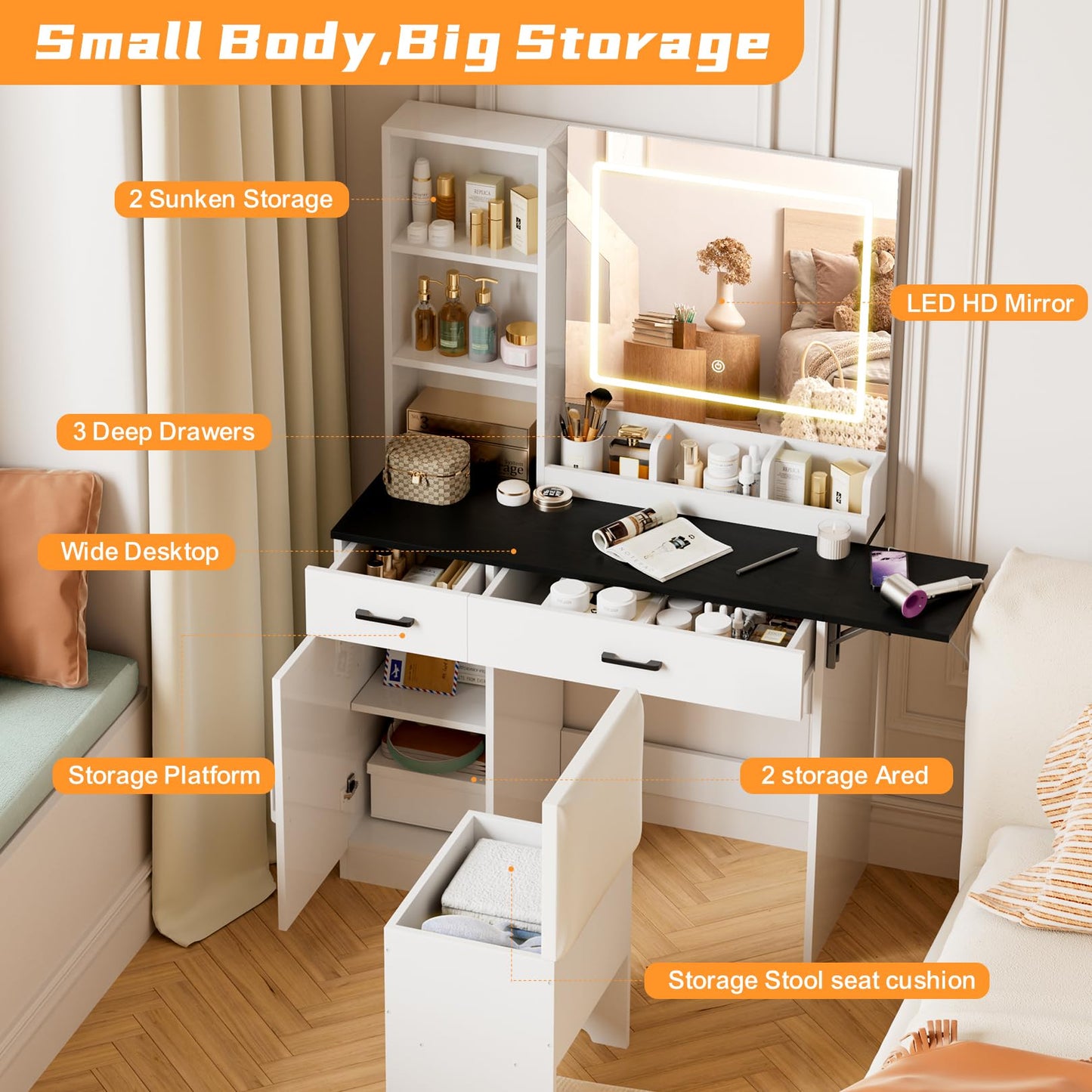 NUNU LAB Vanity Desk with Mirror and Lights with 6 Drawers and 4 Cabinets, Big Women Makeup Table with Power Outlet, 3-Color Adjustable Lighting for Bedroom Brown (Black)