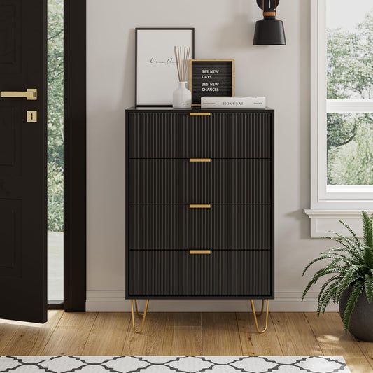 Masupu 4 Drawer Dresser, Drawer Chest, Tall Storage Chest Cabinet Organizer Unit with Metal Legs, Small Dresser for Bedroom, Living Room, Closet, Hallway Black Stripe
