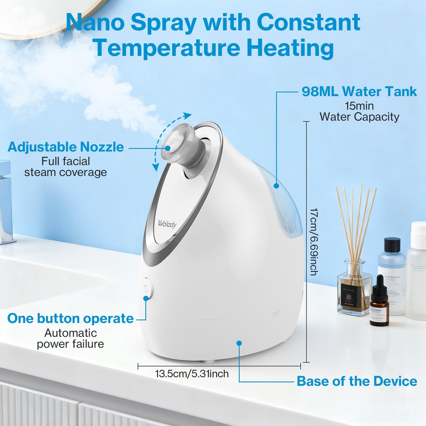 Wolady Facial Steamer, Nano-Ionic Face Steamer with Adjustable Nozzle & Aromatherapy Function, Warm Mist Humidifier Home Sauna Spa, Facial Moisturizing Deep Cleaning for Women, Birthday Gifts,White
