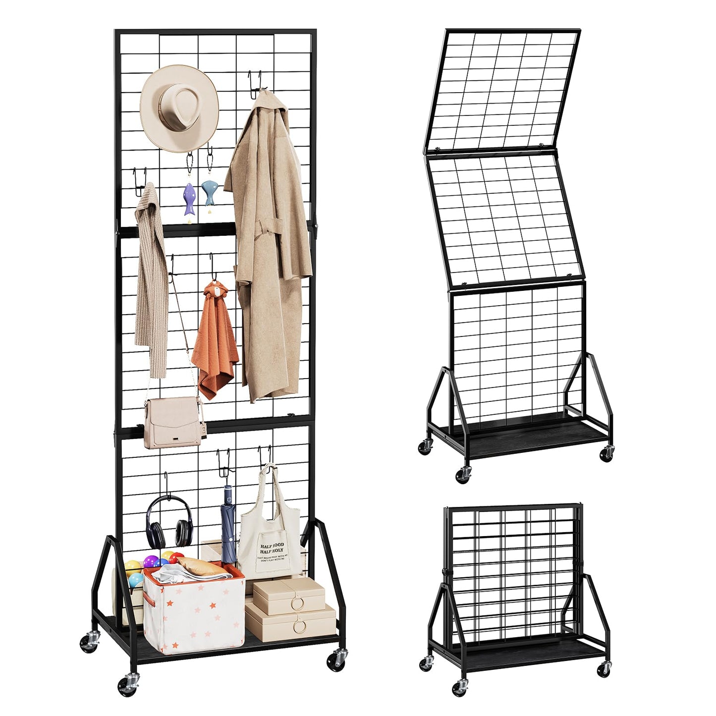 ELYKEN Foldable Grid Wall Panels 5.7' x 2' FT, Movable Wire Gridwall Display Rack with Wheels and Adjustable Foots, Retail Display Stand for Vendor with Storage (Black)