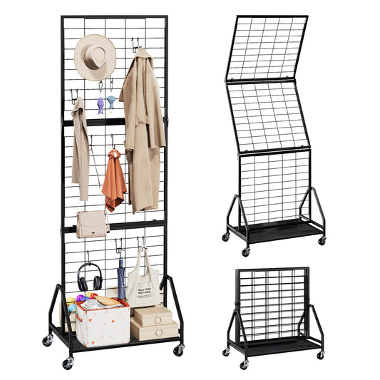 ELYKEN Foldable Grid Wall Panels 5.7' x 2' FT, Movable Wire Gridwall Display Rack with Wheels and Adjustable Foots, Retail Display Stand for Vendor with Storage (Black)