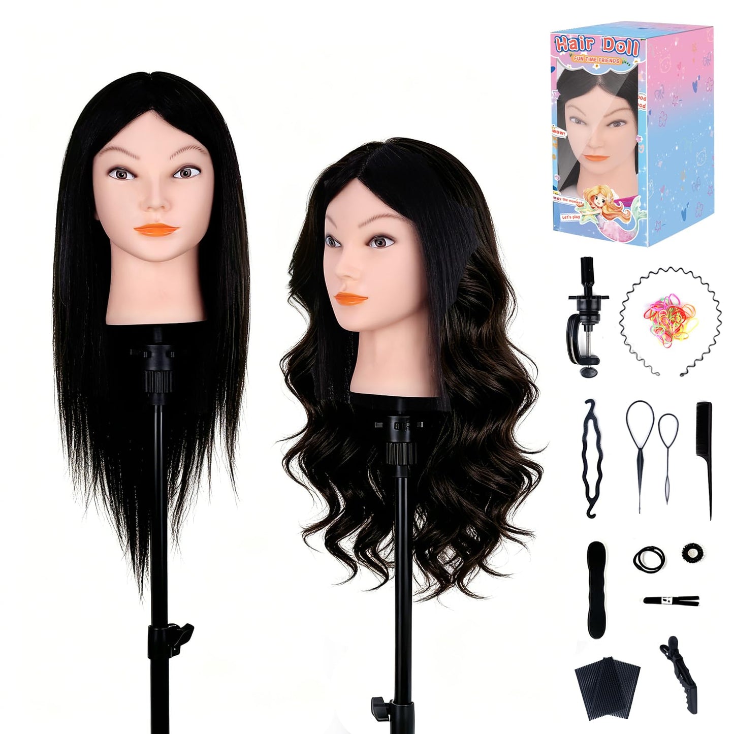 Mannequin Head with 100% Human Real Hair, Cenoz 18" Hairdresser Cosmetology Training Head with Stand and Tool, Manikin Training Practice Head, Doll Head for Hair Styling （Black）