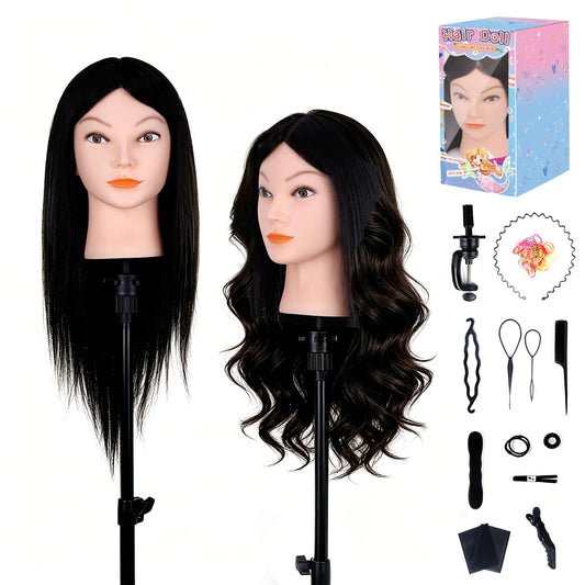 Mannequin Head with 100% Human Real Hair, Cenoz 18" Hairdresser Cosmetology Training Head with Stand and Tool, Manikin Training Practice Head, Doll Head for Hair Styling （Black）