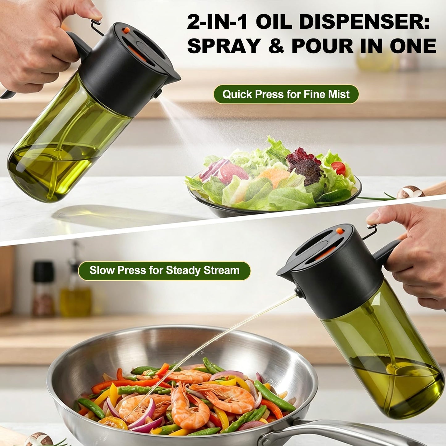 Gelibo 2-IN-1 Oil Sprayer for Cooking, 500ML Light-Blocking Glass Oil Dispenser for Kitchen, Olive Oil Spray Bottle with Leak-Proof,Cooking Spray with Portion Control for BBQ, Air Fryer, Salad - Black