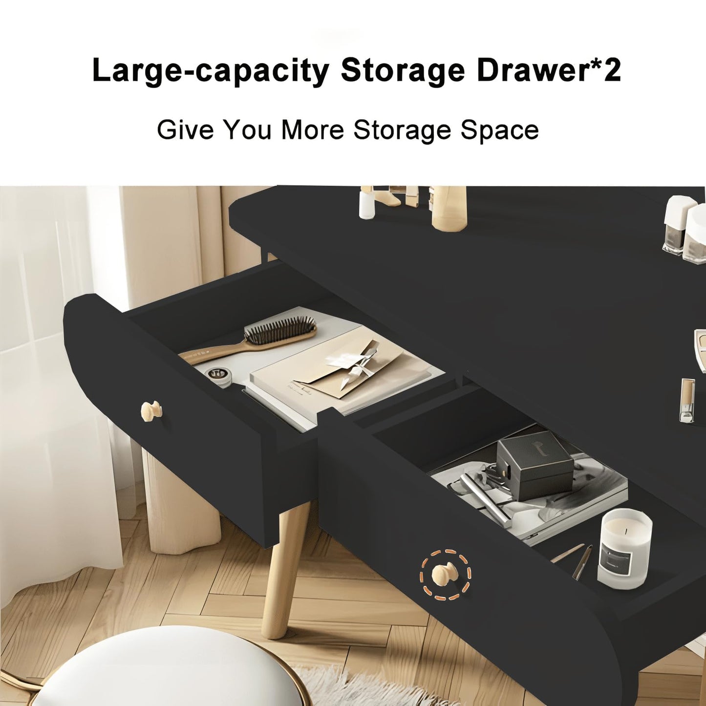 YEYGRIEM Makeup Vanity Table Set with Mirror, Medium Density Fiberboard Modern Makeup Vanity Dressing Desk with 2 Drawers and 2 Shelves, 31.5"(L)*15.7"(W)*47.2"(H), Black (Without Stool)