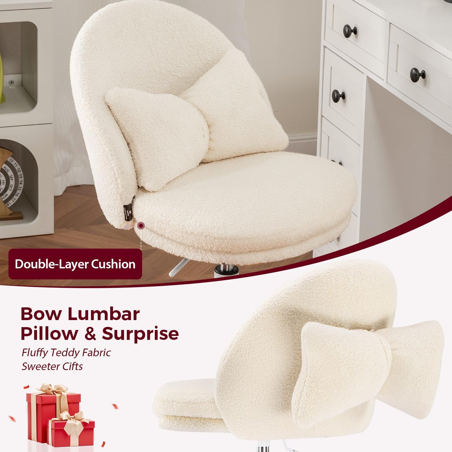 GTPLAYER Velvet Tall Office Chair with Wheels Vanity Chairs with Back, Versatile Height Use: Office to Bar Stools Small Ergonomic Comfy Armlees Computer Desk Chair with Bow Lumbar Pillow for Gift