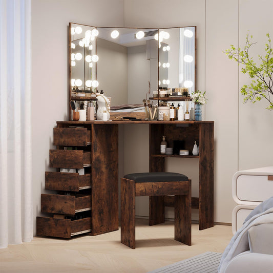 GarveeHome Corner Vanity and Stool, Corner Vanity Desk with Mirror and Lights, Corner Makeup Vanity with Power Outlet, 3 Color & Brightness Adjustable Light, Makeup Vanity for Girls, Dark Brown