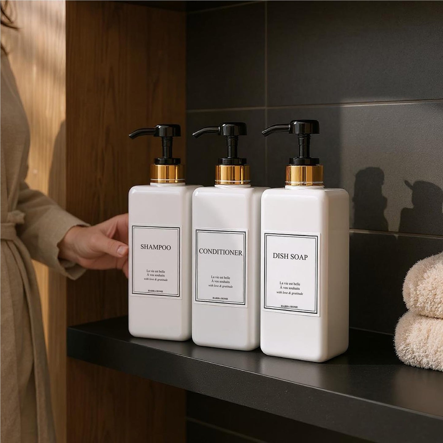Modern Gold Design Shampoo and Conditioner Dispenser - Large 27oz Shower Soap Dispenser, Set of 3 Refillable Empty Plastic Pump Bottles for Bathroom and Body Wash (6 Waterproof Labels Included), Black
