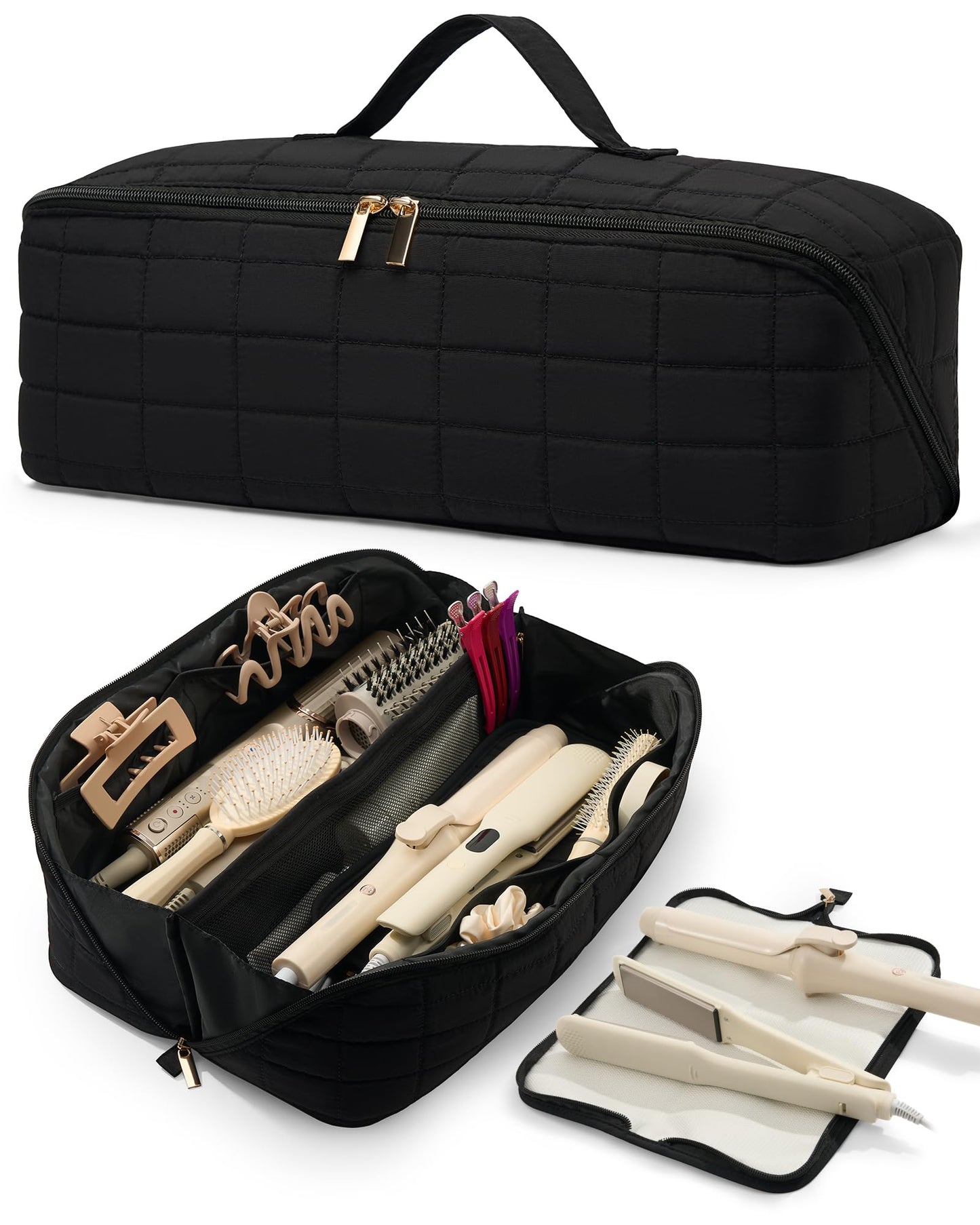 Noldena Hot Tools Travel Case with Heat Resistant Mat Pouch, Large Hair Tool Organizer Bag for Curling Iron Flat Iron Hair Dryer Hot Air Brush, Water Resistant Makeup Bag Gift for Women, Black