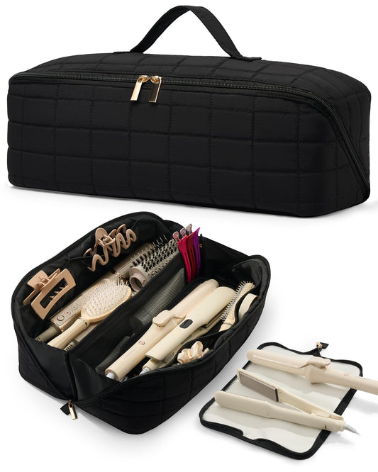 Noldena Hot Tools Travel Case with Heat Resistant Mat Pouch, Large Hair Tool Organizer Bag for Curling Iron Flat Iron Hair Dryer Hot Air Brush, Water Resistant Makeup Bag Gift for Women, Black