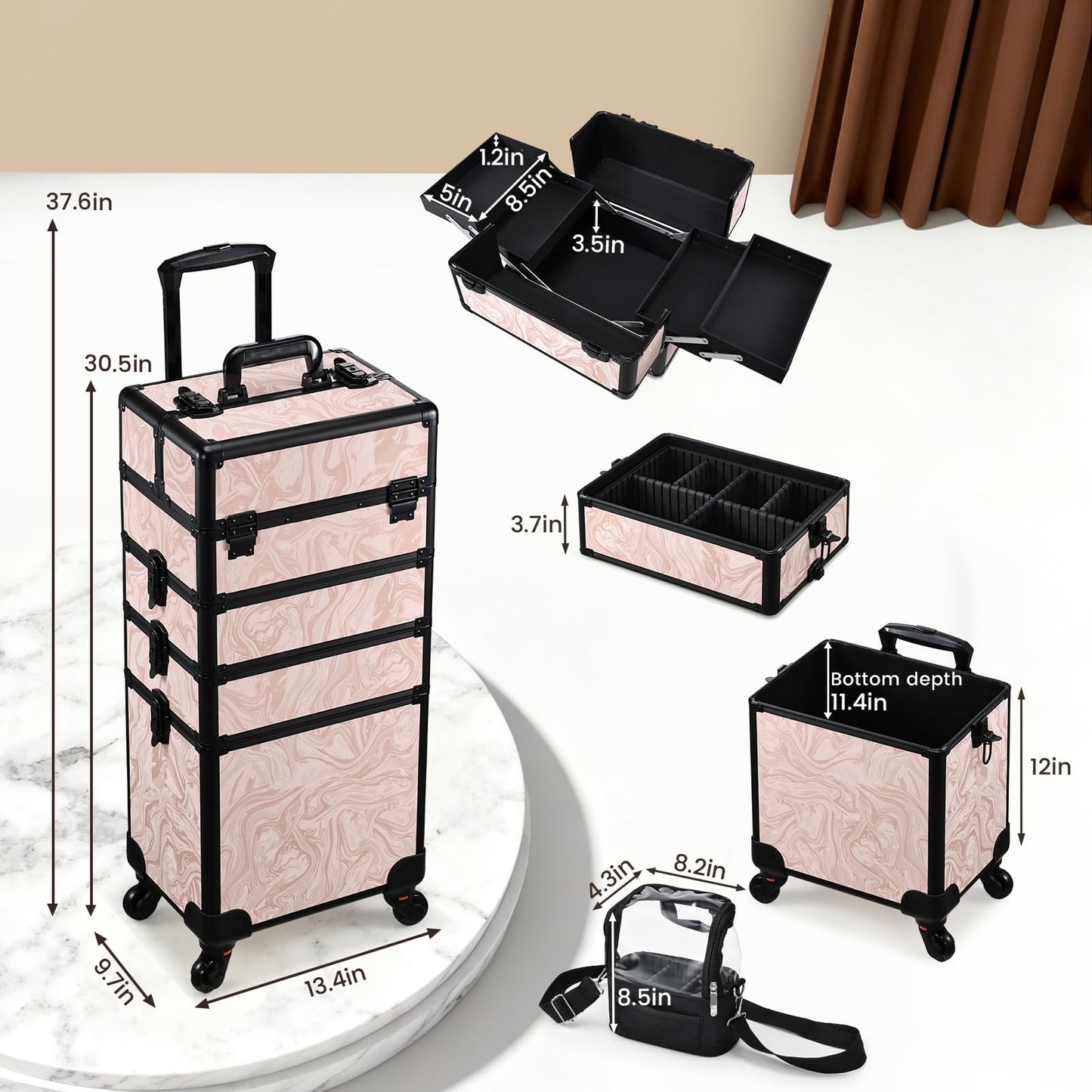 Stagiant Rolling Makeup Case 4 in 1 Cosmetology Case on Wheels Makeup Travel Case with Cosmetic Bag Key Swivel Wheels Salon Barber Case Traveling Cart Trunk Cosmetic Trolley Alpine Pink