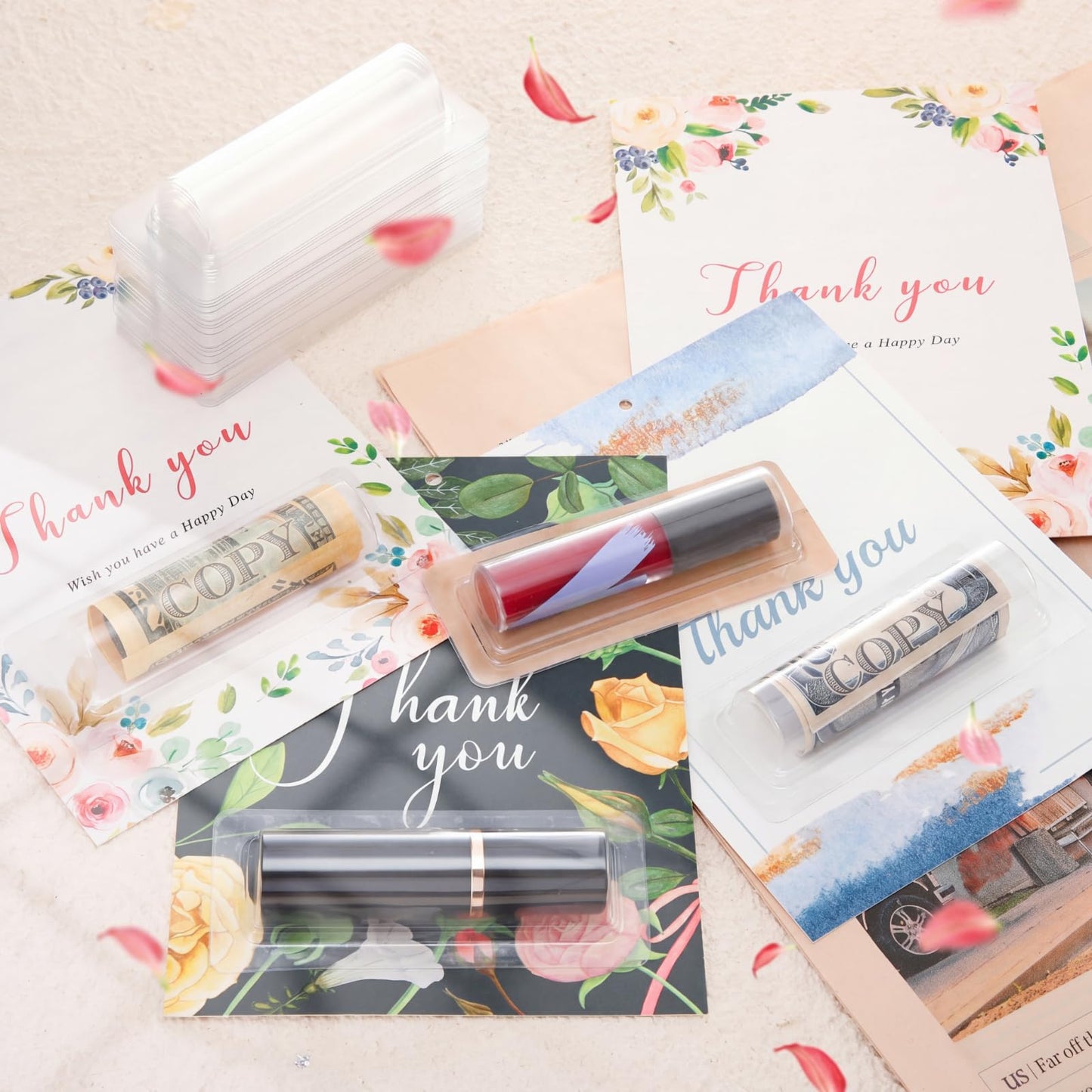 Barydat 200 Pcs Clear Lip Balm Pouches Plastic Money Holder for Cash Gift Lipstick Plastic Domes Compact Money Card Holder with Adhesive Lip Balm Cards for Organize DIY Storage