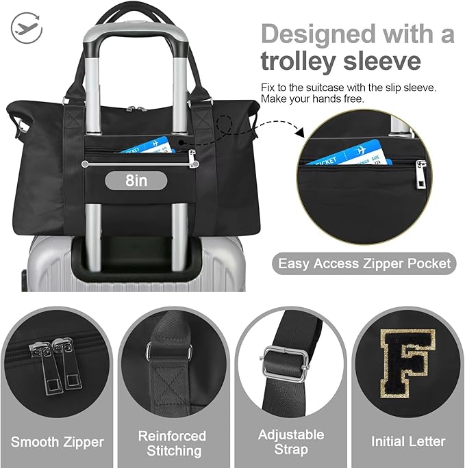 Dance Gym Duffel Bag for Teen Girls, Personalized Initial Travel Weekender Bag,Cute Overnight Carry On Duffle for Women,Sports Travel Cheer Bag,Monogram Christmas Gifts for Tween Preppy(black-F)
