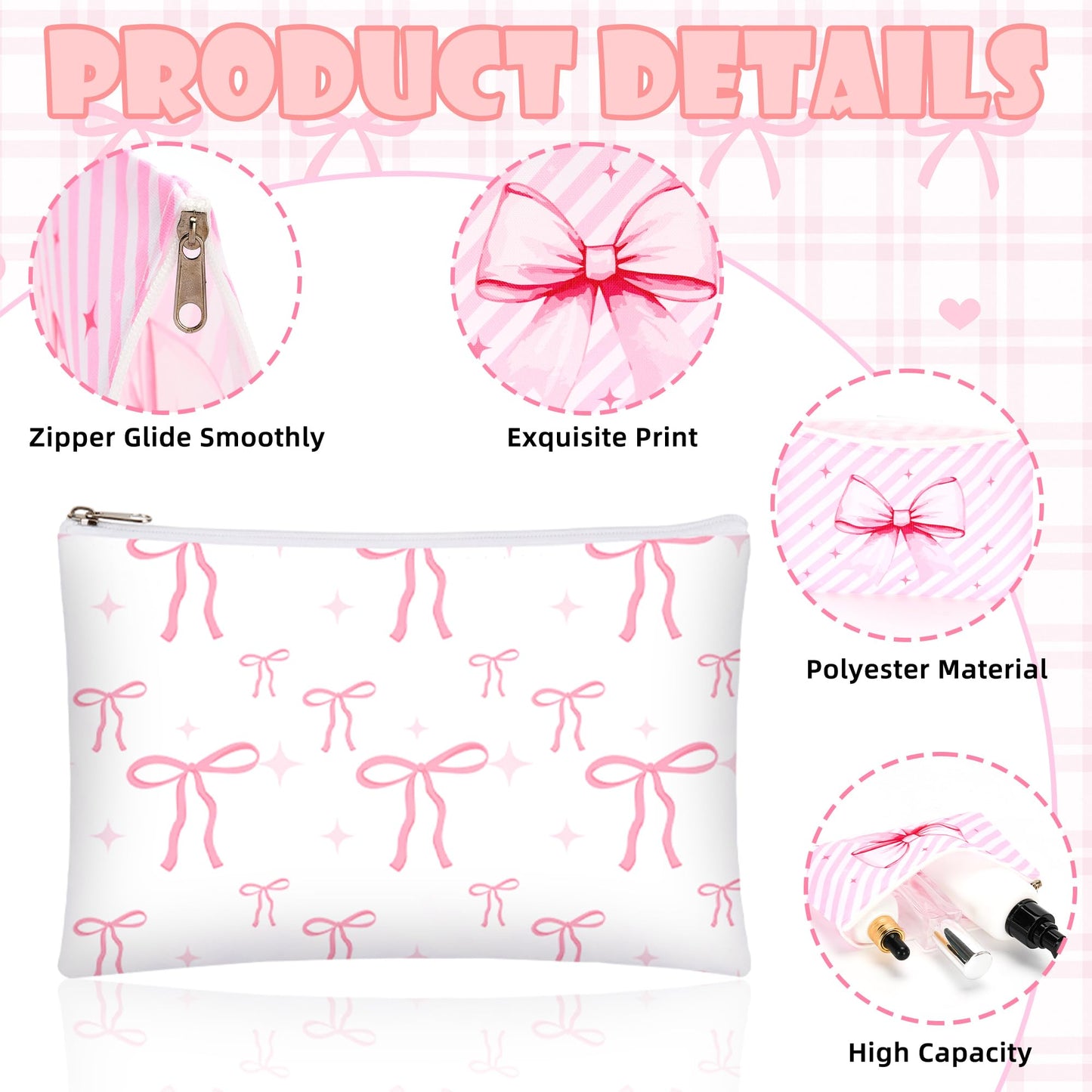 Bafeil 24 Pcs Pink Bow Makeup Bag Bulk Coquette Cosmetic Bags for Women Preppy Pouches with Zipper Travel Toiletry Bags Bow Themed Gifts Accessories for Birthday Wedding Party Favor Valentine's Day