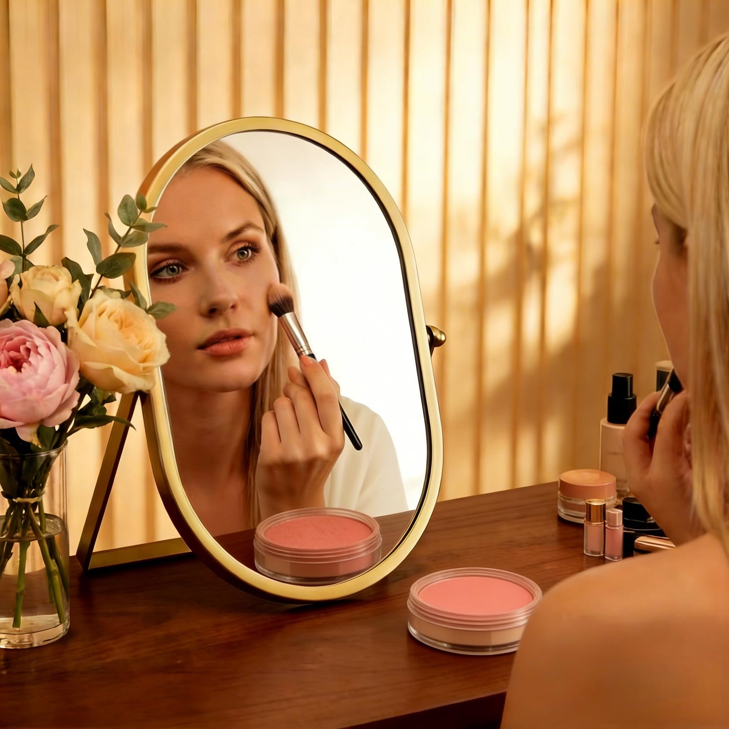 yxyzylzrx Gold Oval Vanity Mirror, 360° Rotation 180° Tilt Adjustable Desktop Makeup Mirror with Metal Frame, Decorative Standing Mirror for Bedroom, Bathroom, Living Room