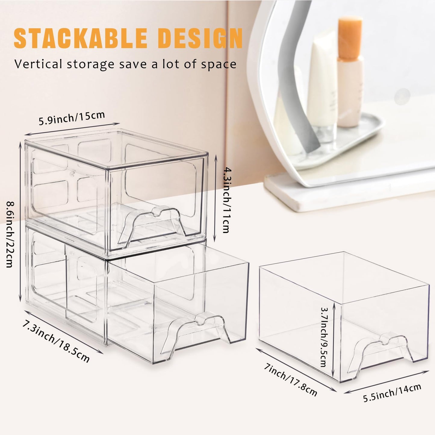 Stebopum 8 Pack Stackable Makeup Organizer, 4.4'' Tall Acrylic Bathroom Makeup Organizer and Storage Drawer with Pull-out Handle, Clear Plastic Storage Bins for Vanity,Pantry,Desk,Undersink,Kitchen