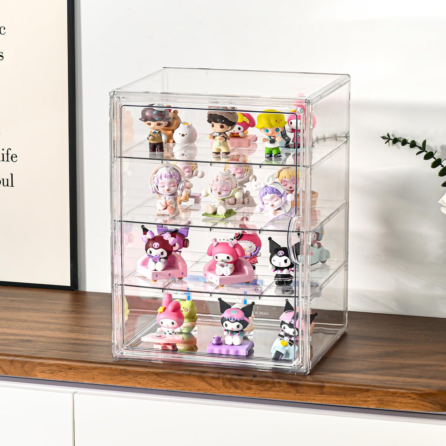 4 Tier Display Case for Collectibles,Clear Display Box with 3 Movable Plates ,Storage Container with Magnetic Door