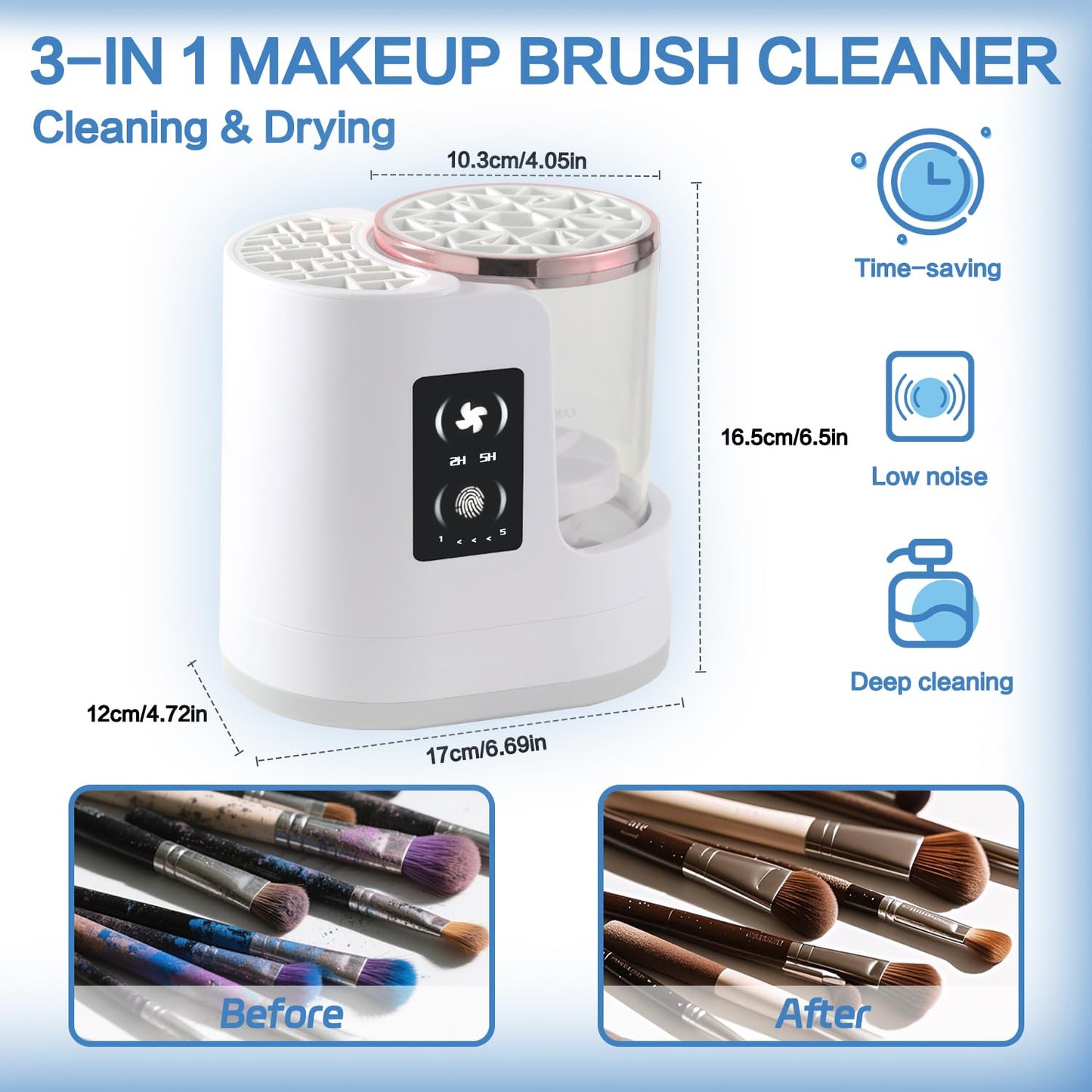 3 in 1 Makeup Brush Washer Electric Makeup Brush Cleaner Machine & Dryer & Holder Combined, Portable USB Deep Cleaning for All Size Beauty Makeup Brush Set and Sponges Efficient Wash & Dry