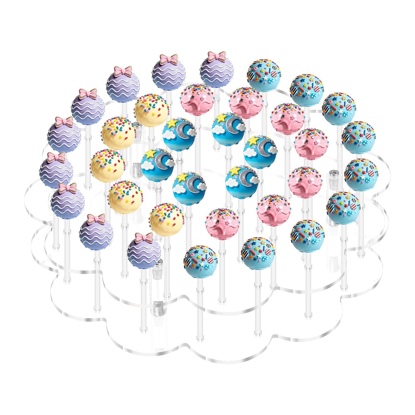 Flower Shape Acrylic Lollipop Stand 36 Holes, Cake Pop Holder with 100 Sticks, 100 Wrappers, 100 Gold Twist Ties, Clear Candy Dessert Display Rack for Christmas Weddings, Birthdays, Baby Showers