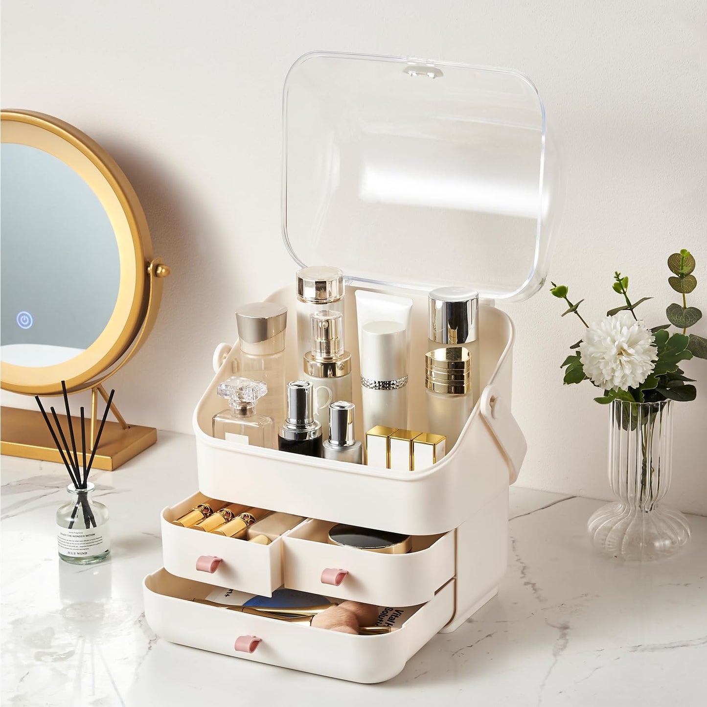 Large Makeup Organizer w Drawers Beauty Organizer Makeup Box Holder Vanity Organization Desk Countertop MakeUp Organizers Bathroom Counter Organizer Skincare Cosmetic Case Stand Dustproof Lid Gift