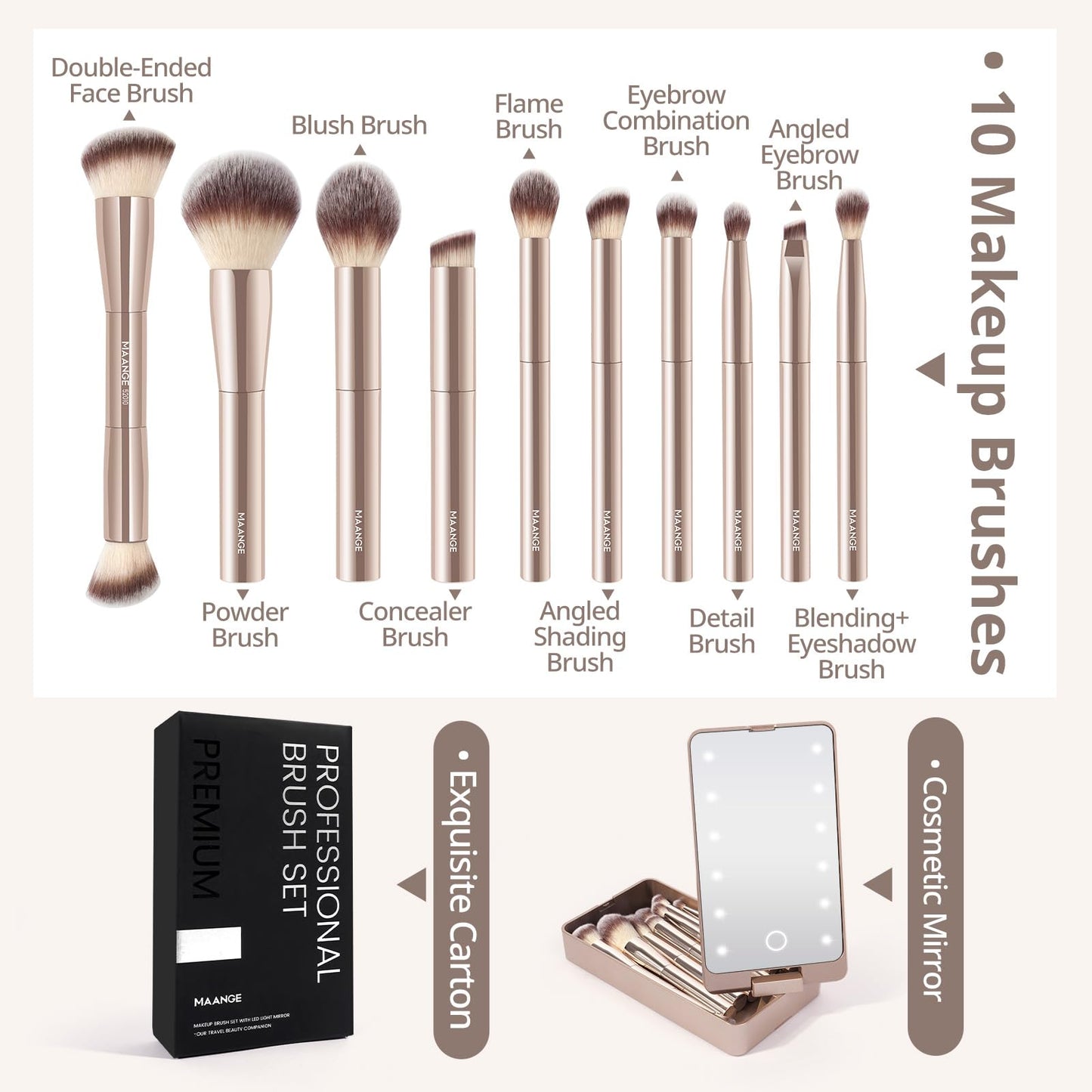 MAANGE Makeup Brush Set 10 Pcs Travel Makeup Brushes Double-ended Kabuki Brush for Foundation Powder Concealers Eye Shadows Makeup Tools Set with LED Light Mirror (Gold)