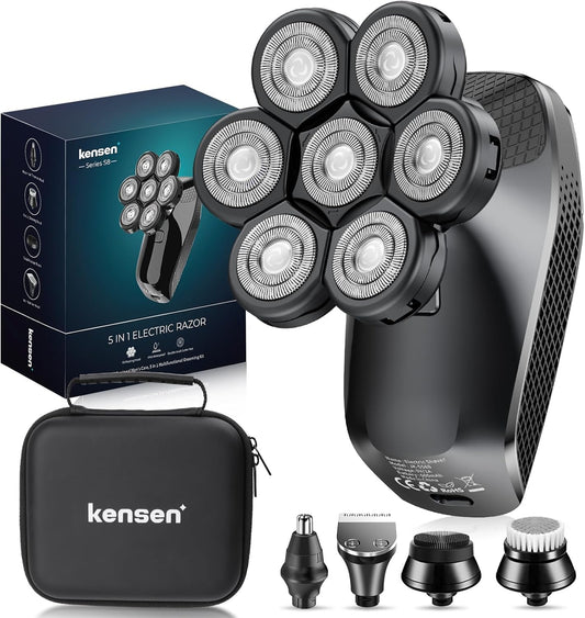 kensen 7D Head Shavers for Bald Men - 5 in 1 Bald Head Shavers for Men with Travel Case, 9200RPM Bald Head Razor with Nose Hair Trimmer Beard Trimmer Cordless IPX6 Waterproof Wet Dry Use LED Display