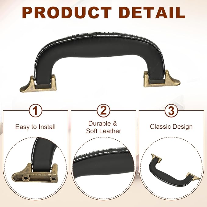 uxcell 4 Pcs PU Leather Luggage Handle, 0.9" Hole Distance Vintage U-Shape Replacement Strap Handle for Travel Handbag Guitar Musical Box Gift Boxes, Black/Bronze