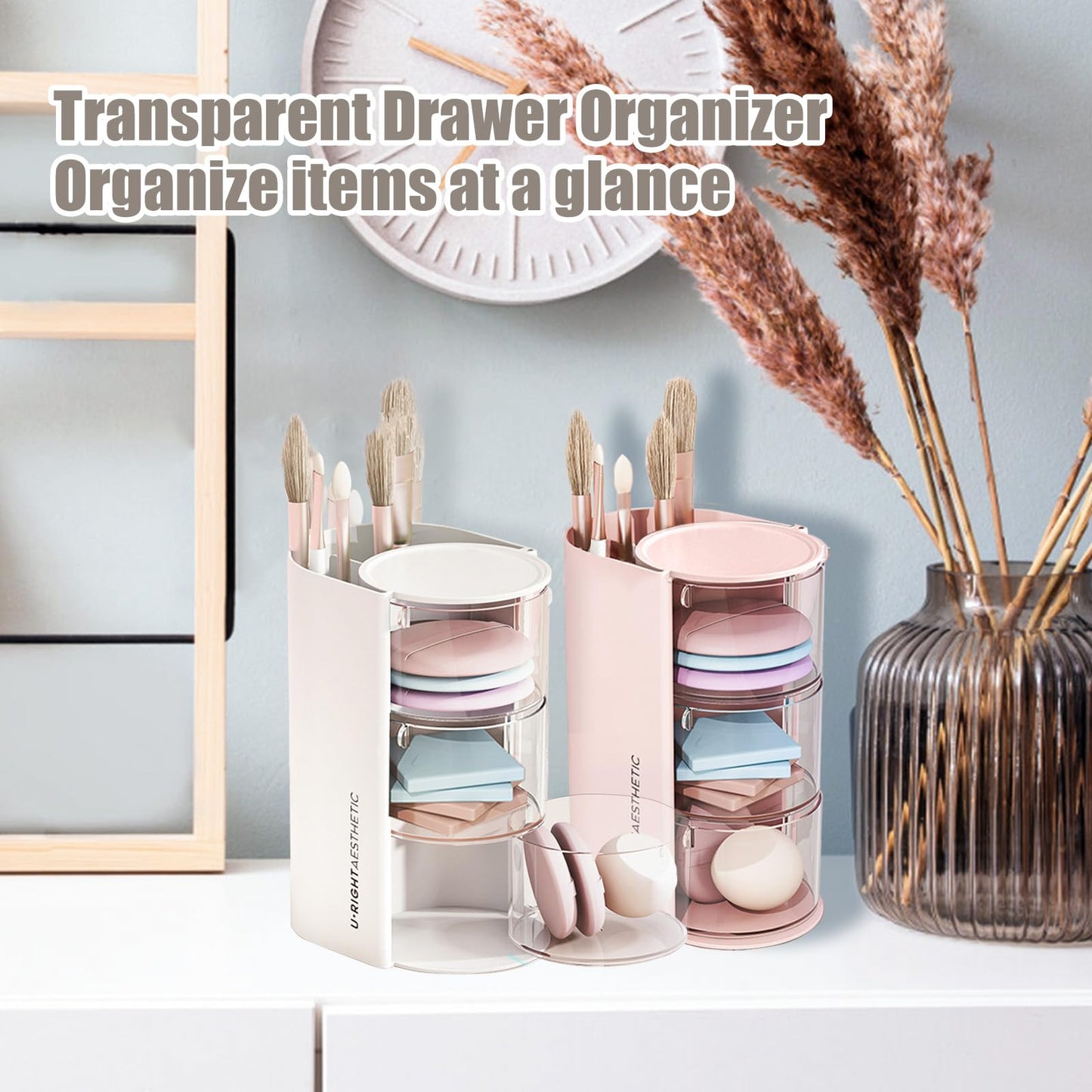 WCHOSOZH 3-Tier Clear Hair Accessories Organizer with Hair Brushes Holder, Rotatable Drawer Makeup Sponge Holder Desktop Organizer Case for Makeup Brush Lipsticks Q-tip Cotton Swab Stationery (White)