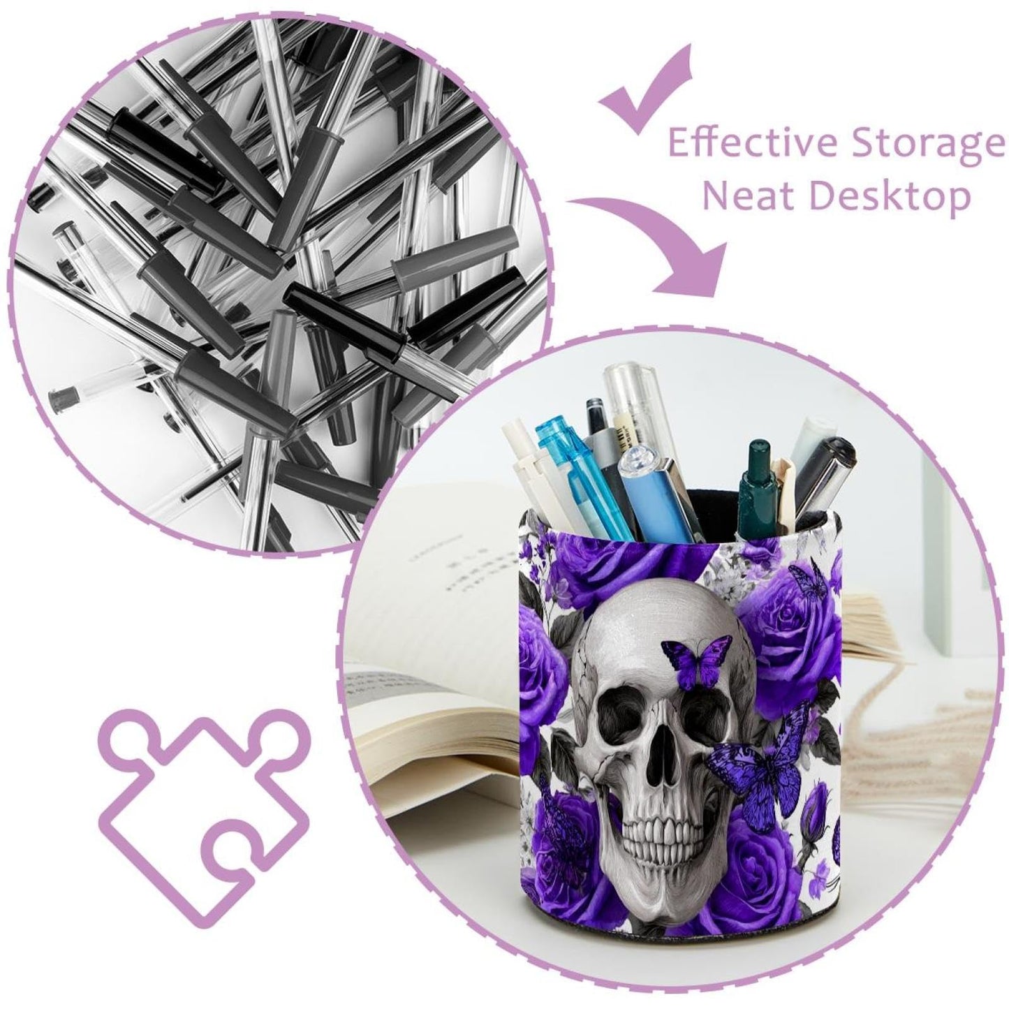 inaowsbno Leather Pen Holder for Desk, Skull Purple Butterflies Pattern Pencil Cup Desktop Organizer Makeup Brush Holders Office Supplies for Home, Kids & School