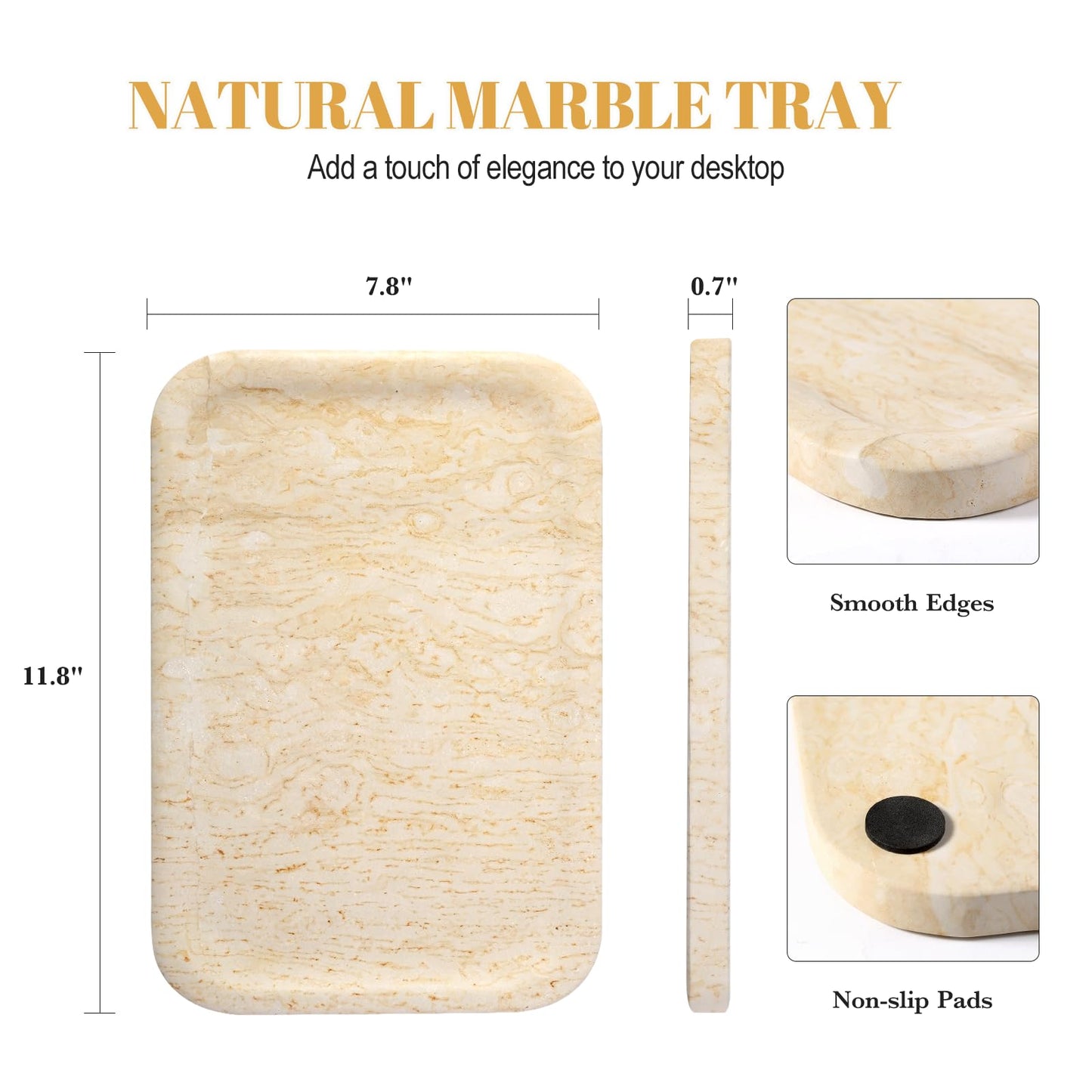 Koville Marble Tray, 12"x8" Marble Vanity Tray for Countertop Bathroom Kitchen Dresser, Decorative Catchall Trays for Perfume Jewelry, Rectangular Stone Serving Tray(Beige)