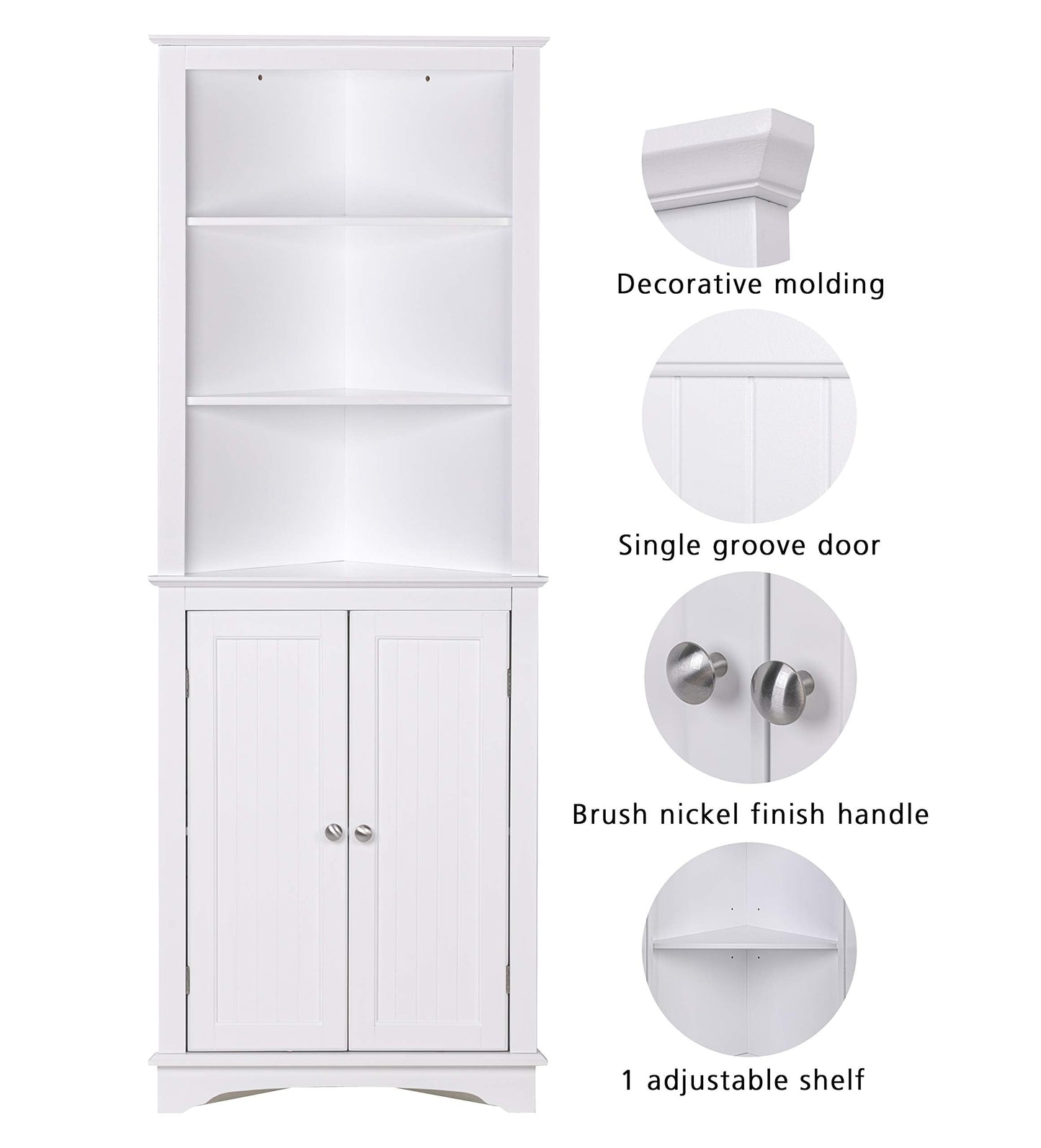 Spirich Tall Corner Cabinet with Doors and Shelves, Freestanding Corner Storage Cabinet for Bathroom, Kitchen, Living Room, White