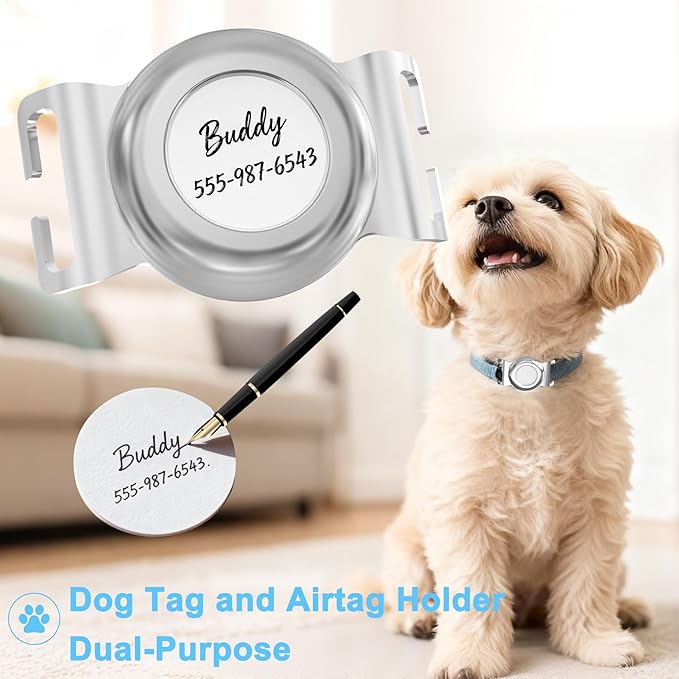 SANKALA Airtag Dog Collar Holder, Waterproof Stainless Steel Airtag Dog Holder, Slide-On Opening, Fits Snap Closure Collars and Most Collar, Full Coverage Protective Case (Silver, Large, 1 Pack)