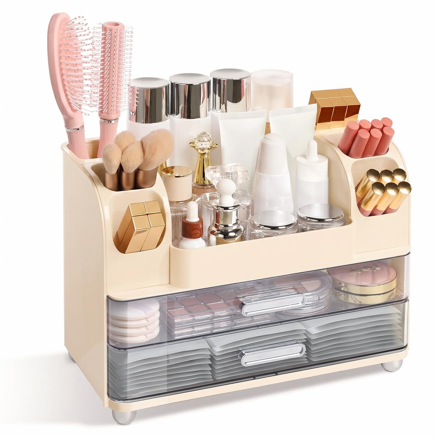 Brothersbox Makeup Organizer for Vanity with 2 Large Drawers and 6 Brush Holders, Large Bathroom Countertop Cosmetic Storage for Skincare, Lipstick, Nail Polish, Perfume, Gift for Women, Cream