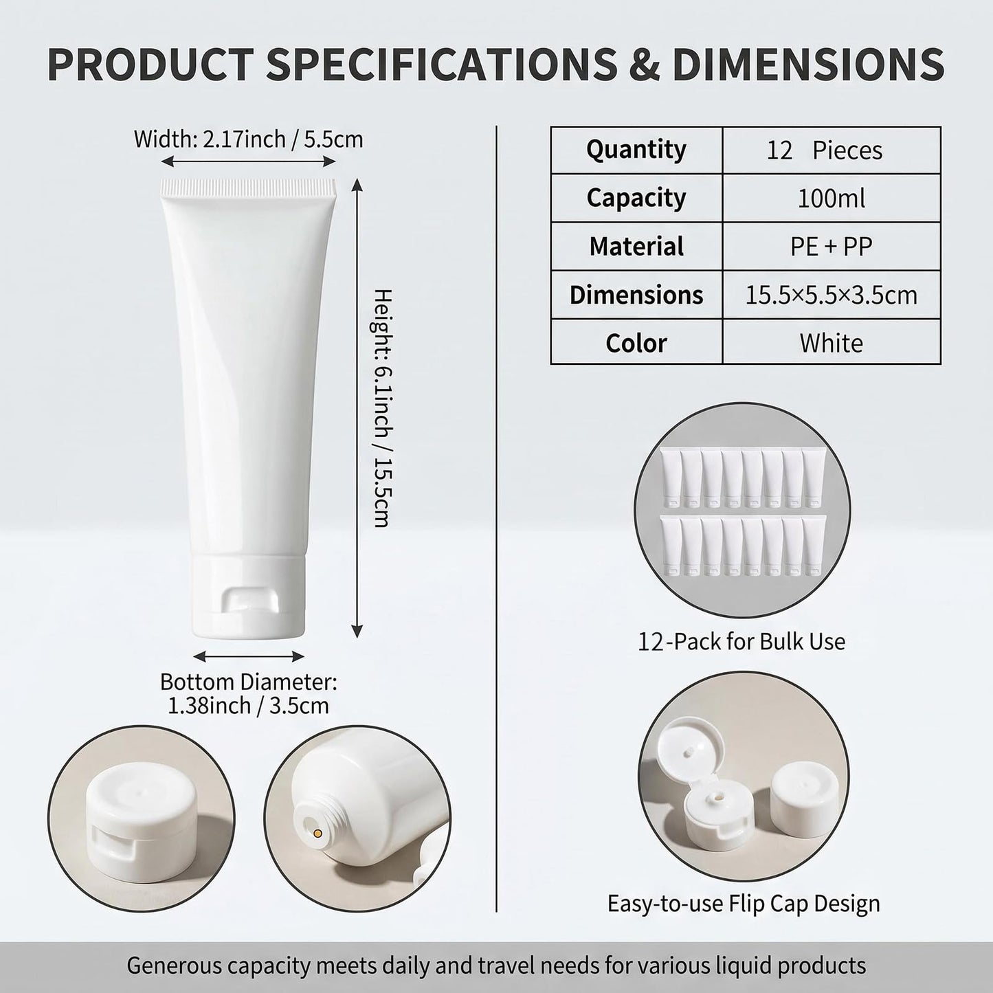 12PCS Refillable Empty Plastic Tubes White Cosmetic Storage Containers Plastic Soft Tubes Bottle for Package Facial Cleanser Hand Cream Cosmetic Lotion(100ML)
