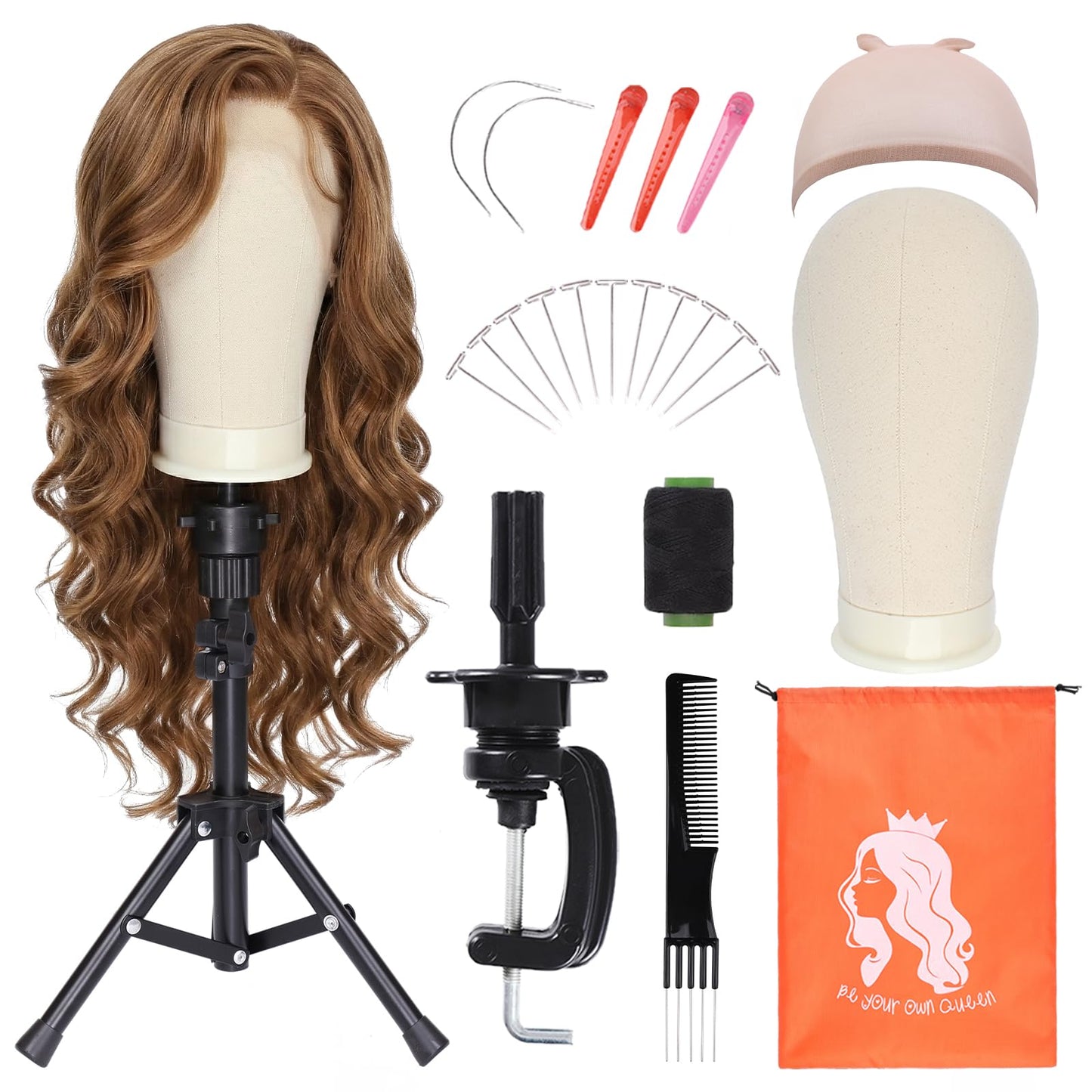 PWEOUKE 22 Inch Canvas Wig Head with Stand for Wigs ,14-22 Inch Height Adjustable Wig Stand Tripod with Canvas Block Wig Head,Manikin Head Block Set for Cosmetology with Wig Stand and Storage Bag