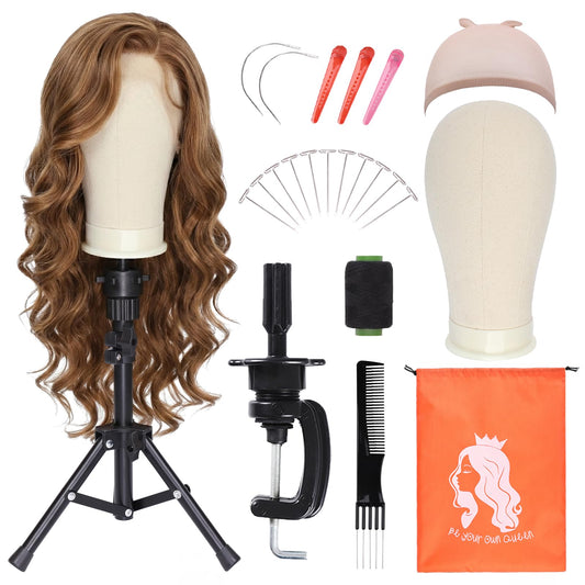 PWEOUKE 22 Inch Canvas Wig Head with Stand for Wigs ,14-22 Inch Height Adjustable Wig Stand Tripod with Canvas Block Wig Head,Manikin Head Block Set for Cosmetology with Wig Stand and Storage Bag