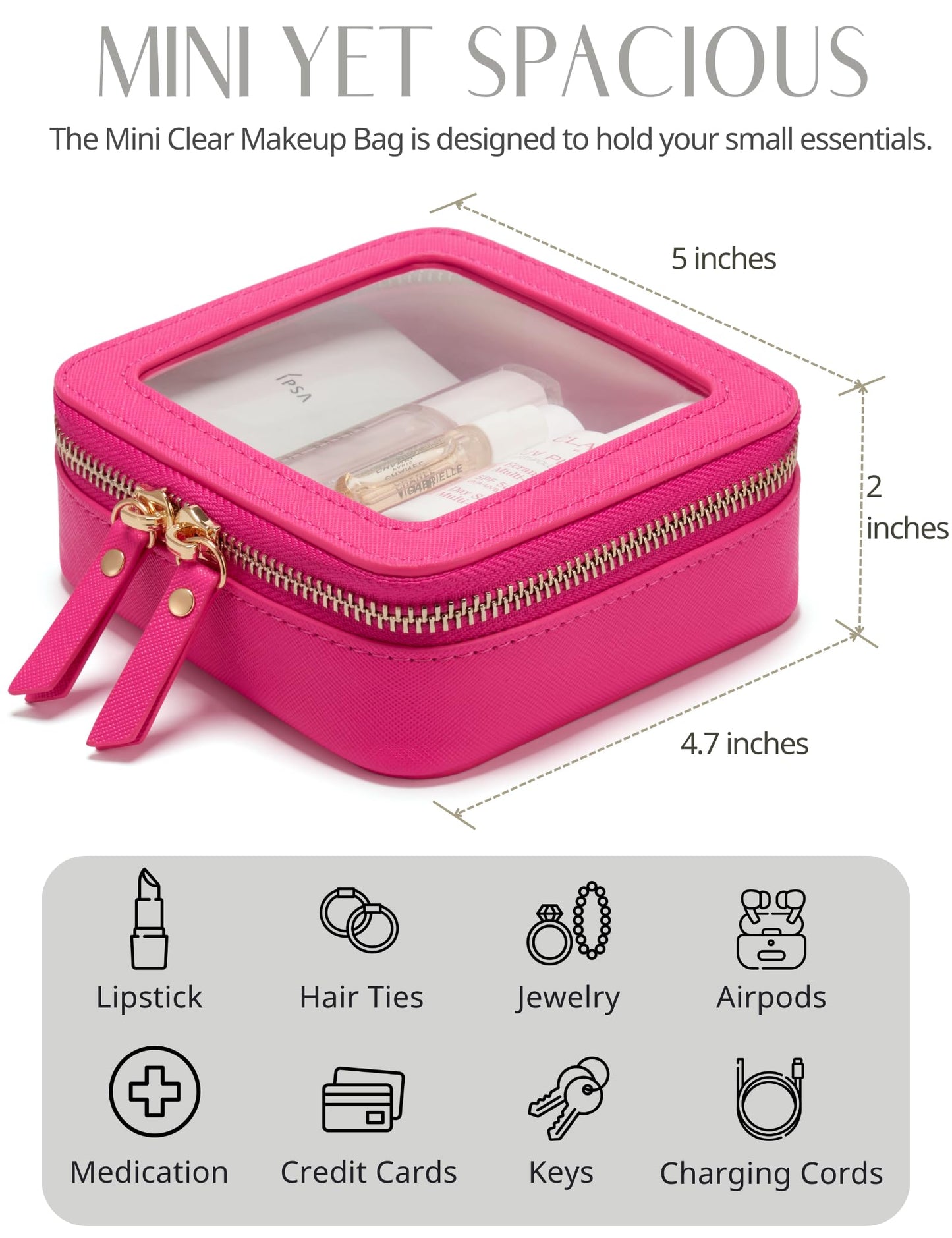 Popvibe Mini Makeup Bag Clear Small Travel Cosmetic Case Leather Cute Hot Pink Pouch for Purse Organizer Make Up Bag for Women Car Toiletry Bag with Zipper for School