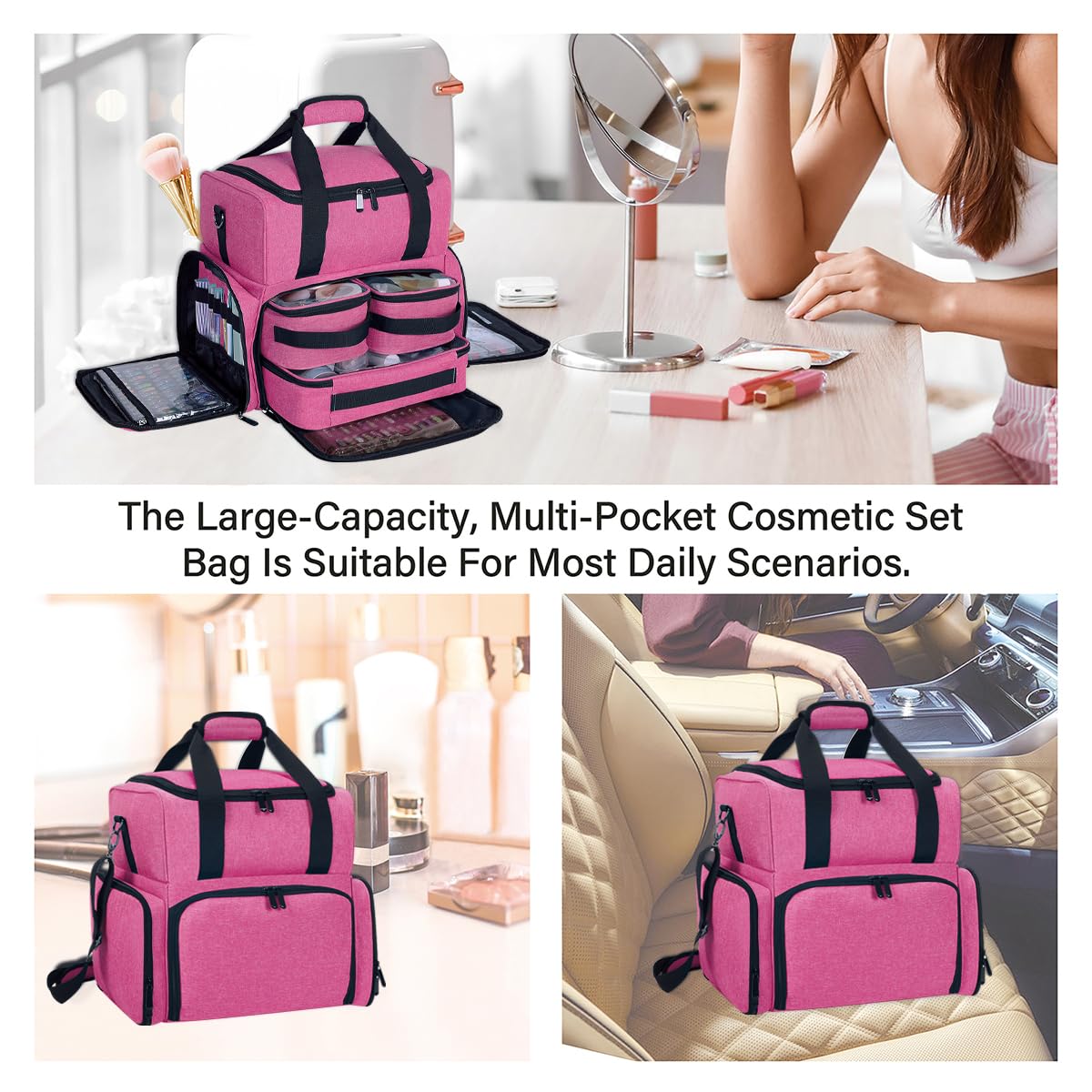 UOZL Large Makeup Cosmetic Bag with 3 Removable Case and 2 Removable Dividers Double Layer Travel Storage Organizer, Makeup Brushes Storage Section Rose Red