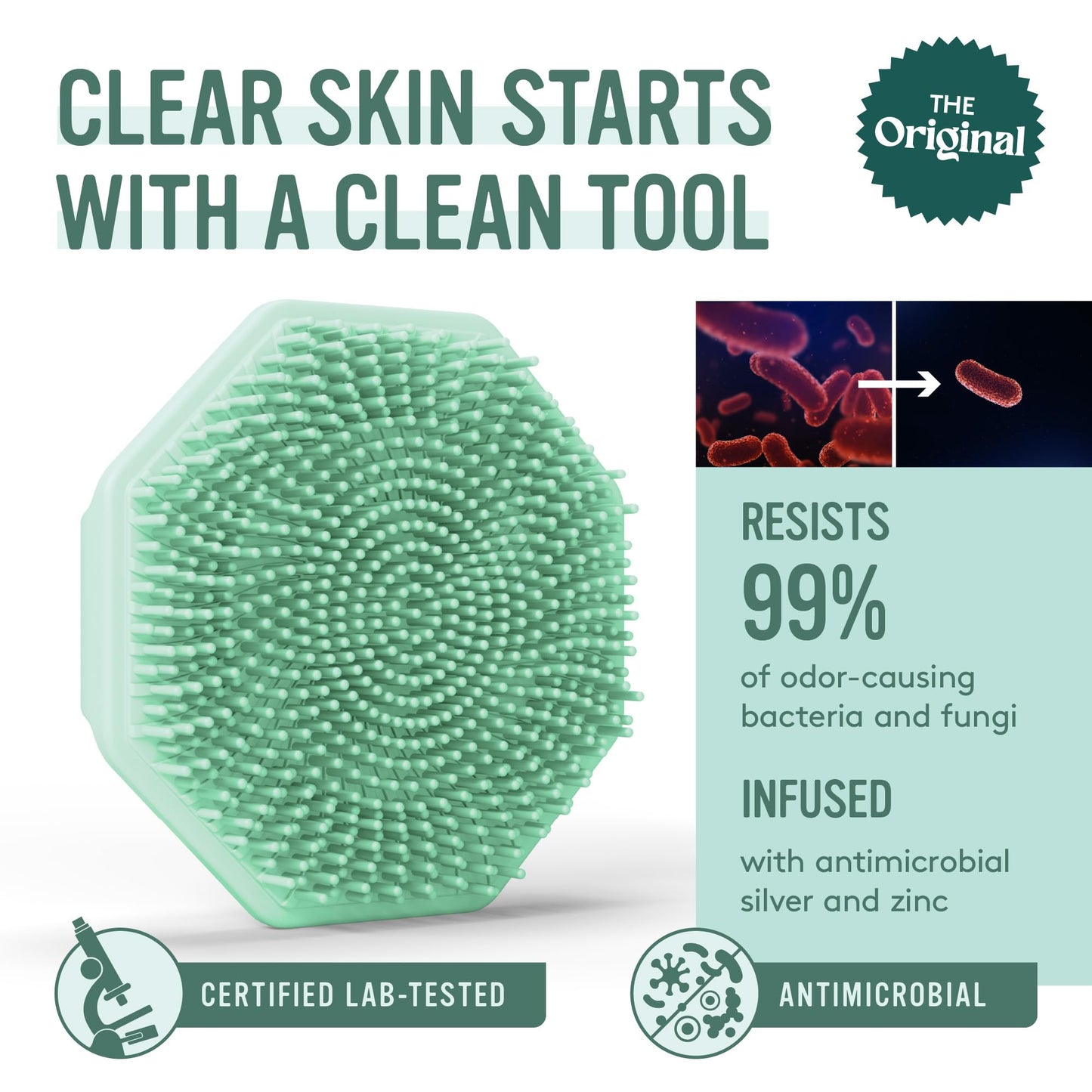 Sud Scrub® Antimicrobial Silicone Face Scrubber, 1 Pack, Gentle Face Exfoliator for Sensitive Skin, Eco Friendly Facial Cleansing Brush, Exfoliating Face Brush for Men and Women (Mint)