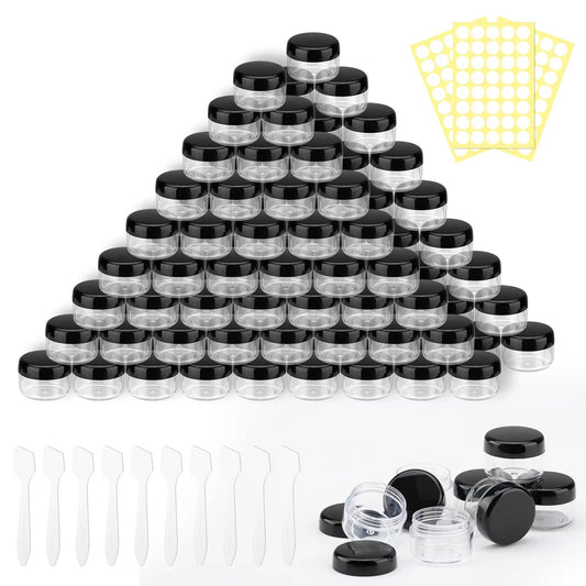 100 Pieces 5ml/5 Gram Empty Containers Mini Clear Jar Sample Transparent Cream Cosmetic Bottle Containers with 10 Pieces Mini Spatulas,Label (black)