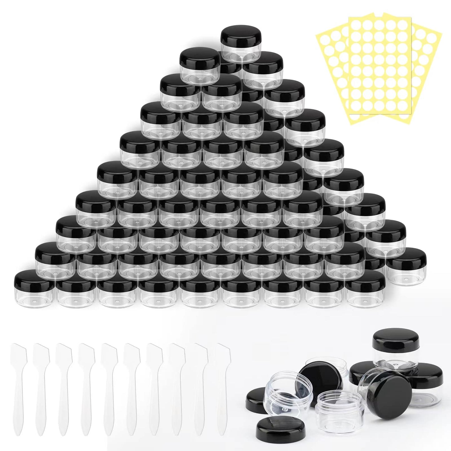 100 Pieces 5ml/5 Gram Empty Containers Mini Clear Jar Sample Transparent Cream Cosmetic Bottle Containers with 10 Pieces Mini Spatulas,Label (black)