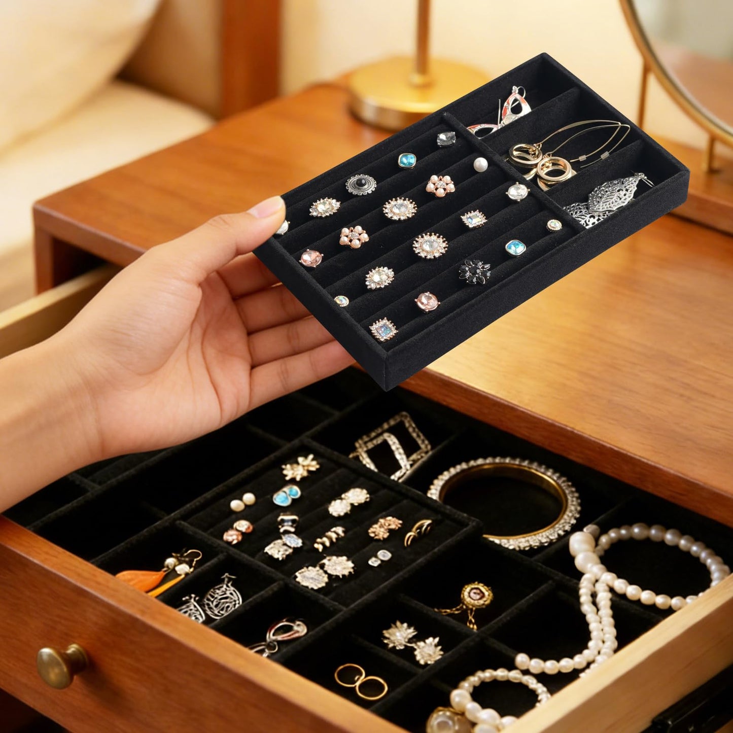 Afnkiom Jewelry Trays,Velvet Stackable Organizer Trays,Drawer Inserts Jewelry Display Case For Rings Stud Necklaces Earring Organizer Tray for Women Girls-8 Pack (Black)