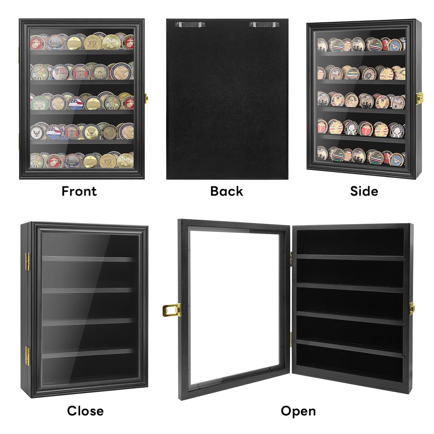 Military Challenge Coin Display Case Holder, Lockable Wooden Army Coins Display Box Cabinet with Anti Fade Acrylic Glass Door, Coin Stand Rack with Removable Shelves and Wall Mounted, Black
