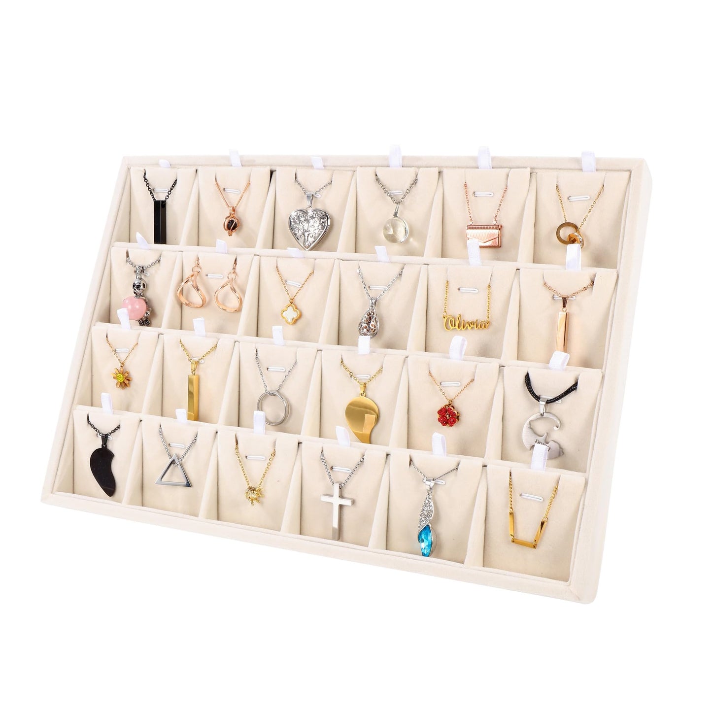 Mornajina 24 Grids Stackable Jewelry Tray Organizer with Removable Dividers, Velvet Jewelry Display Tray for Earrings Necklaces Bracelet Rings Display Showcase - Light Khaki
