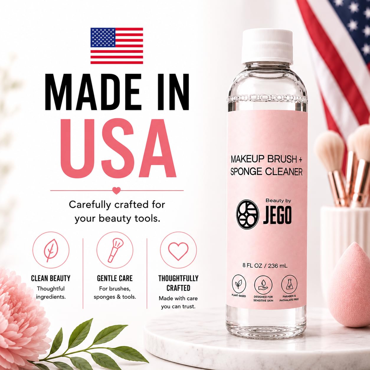 JEGO Makeup Brush + Sponge Cleaner Solution - Ideal for Removing Makeup, Dirt, & Oil - Make Up Brush Cleanser - Hypoallergenic & Plant-Based Solution - 32 Oz