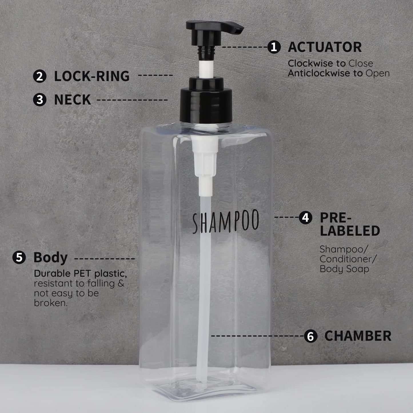 Segbeauty Clear Square Shampoo Bottles, 3pcs 16.9oz Refillable Plastic Lotion Dispenser with Pump, 500ml Empty Reusable Bathroom Shower Bottle Dispense Shampoo Conditioner Body Soap Liquid Gel
